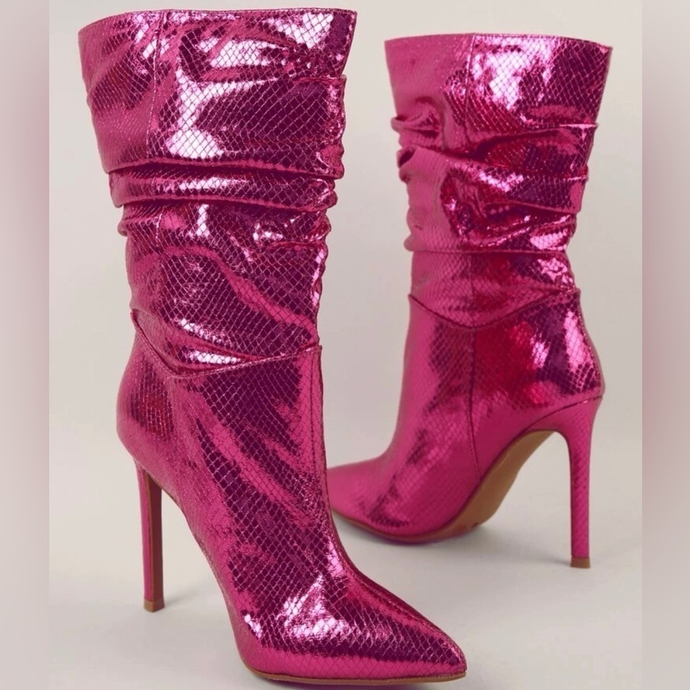 Holiday Style - Metallic Hot Pink Ruched Boots - Picture 2 of 4